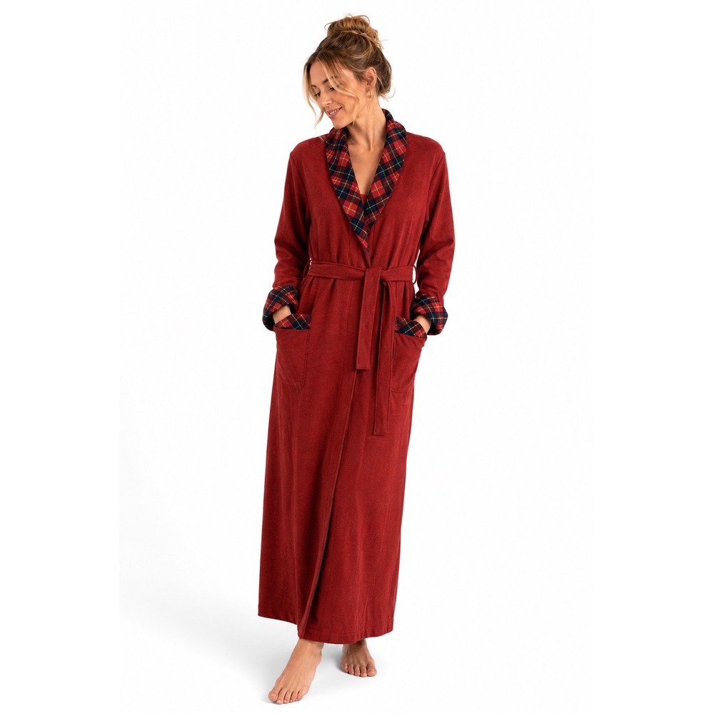 Vintage Pendleton Red Wool Robe Tartan Plaid Trim Maxi Wrap Belted USA Made L